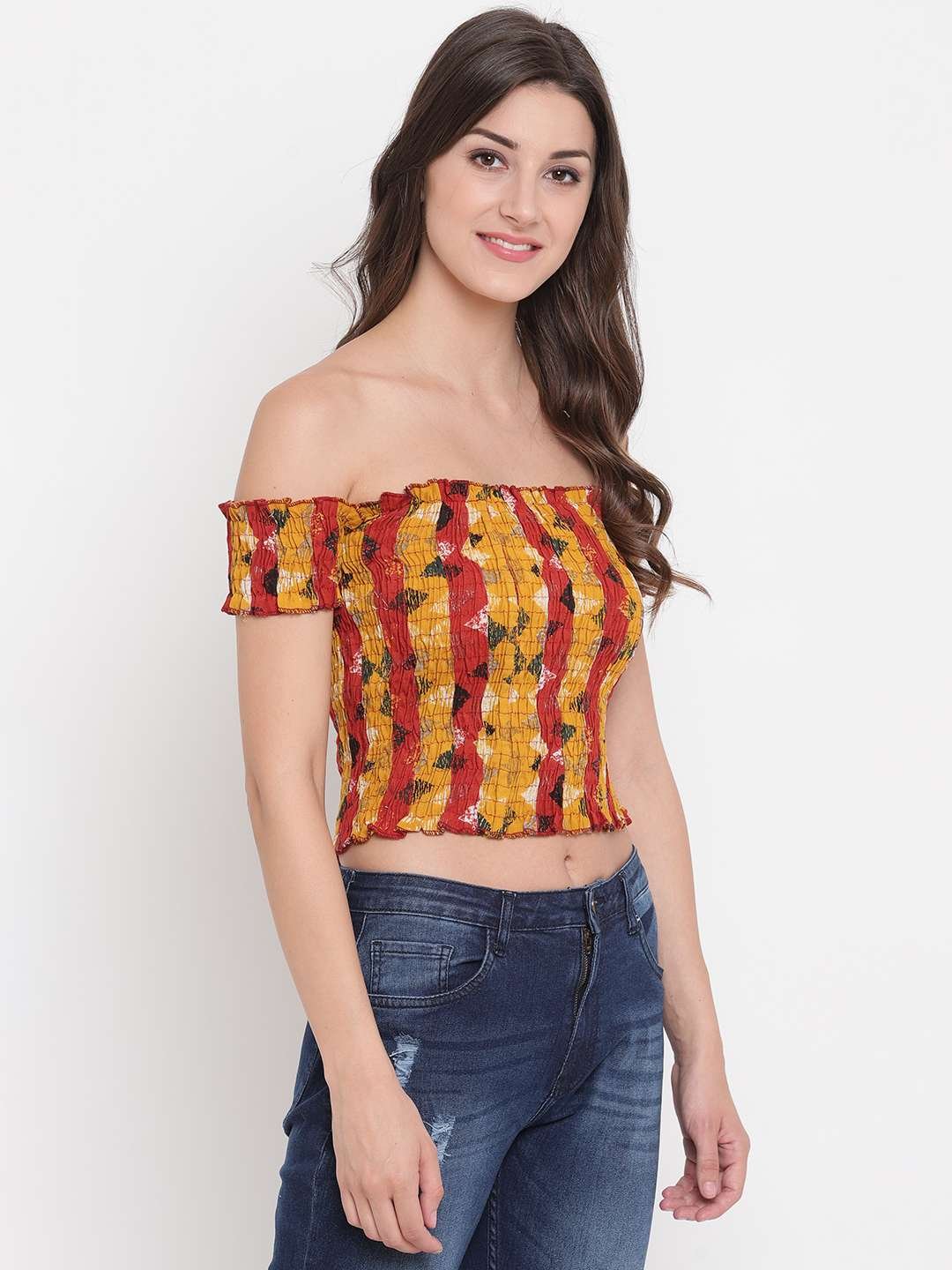 Women's Rayon Printed Off-Shoulder Smocked Crop Top Short Sleeve Casual Styles Tank Top (FREE SIZE) Multi39
